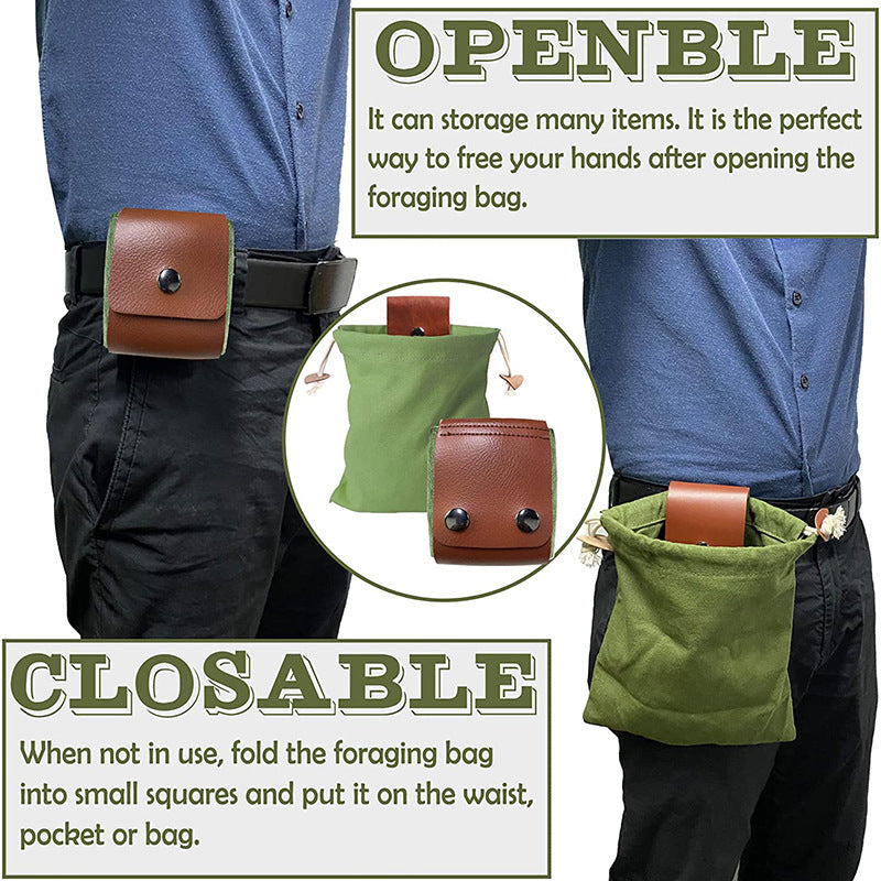 Khaki Collapsible Canvas Foraging Pouch - Hands-Free Belt Bag for Hiking & Camping Activities