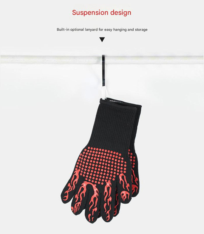 Black Flame Pattern Extreme Heat Resistant BBQ Gloves - 500°C Flame Design Oven Gloves with Non-Slip Silicone Grip