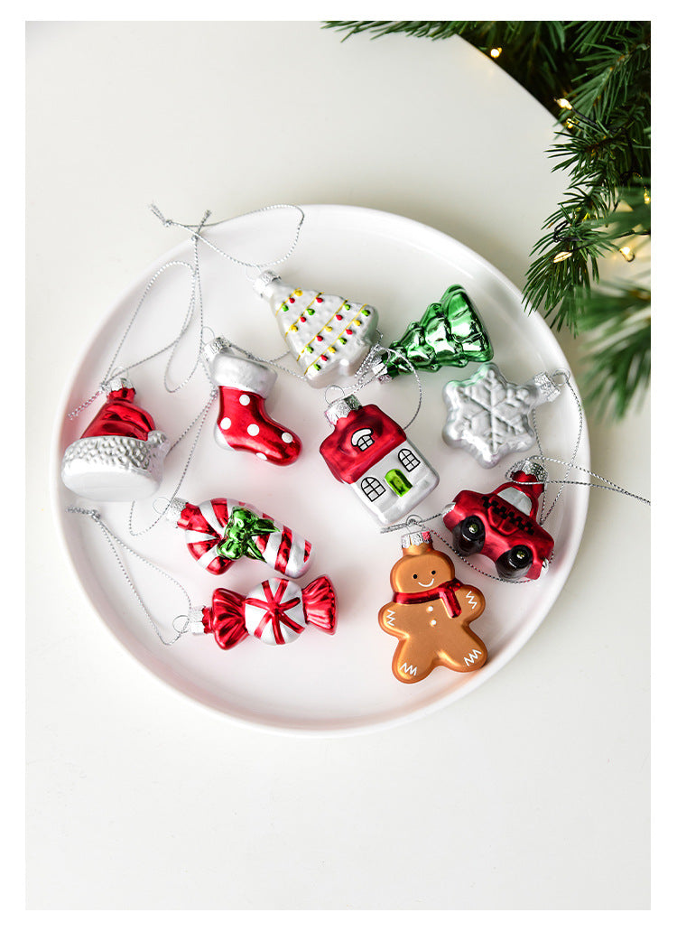 Style B Colorful Whimsical Miniature Glass Christmas Ornament Set - 9pc Retro Holiday Collection