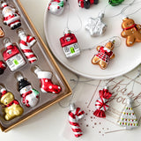 Style C Colorful Dainty Miniature Glass Christmas Ornament Set - 6pc Micro Holiday Characters - Front View