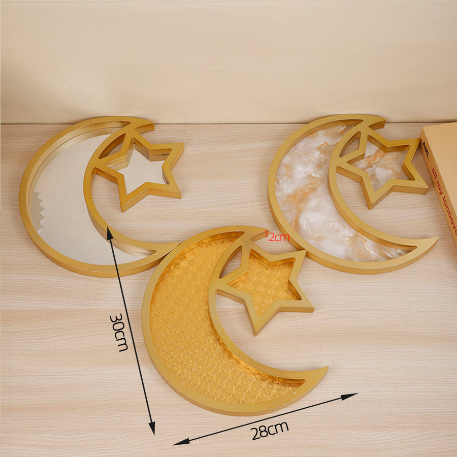 2 Pcs Gold Textured Elegant Celestial Moon & Star Serving Tray - Gold Finish Decorative Platter for Home & Holidays