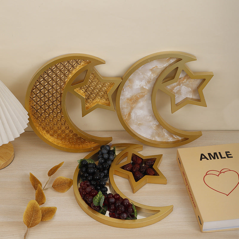 2 Pcs Gold Marble Effect Elegant Celestial Moon & Star Serving Tray - Gold Finish Decorative Platter for Home & Holidays