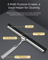 Silver Premium Stainless Steel Shower Squeegee with Adhesive Hook Holder - Streak-Free Blade for Glass Doors, Windows & Mirrors - Front View