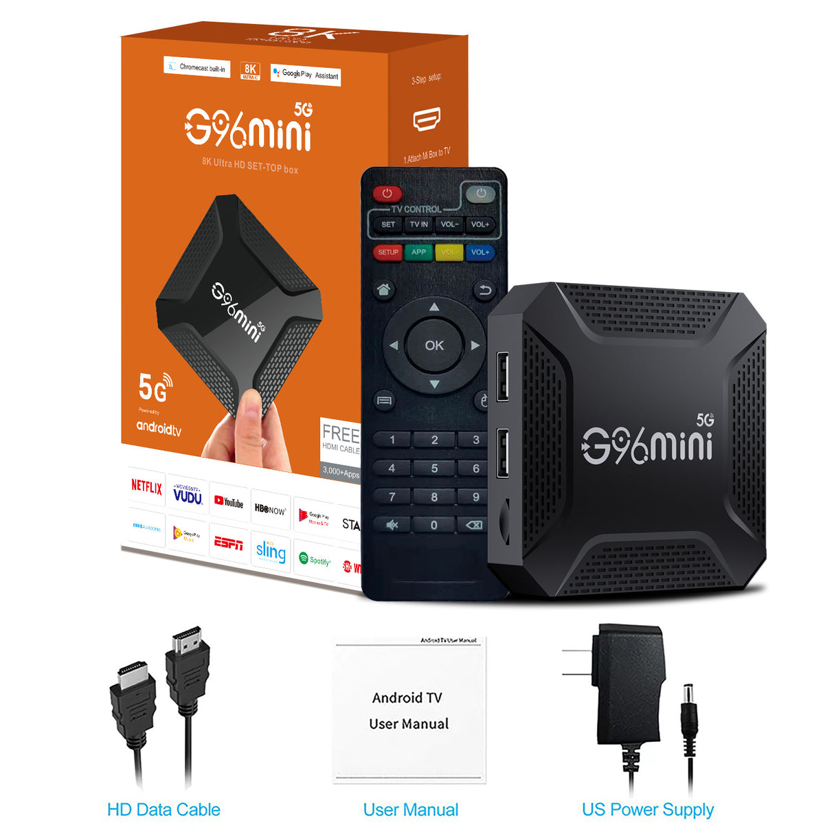 Black G96mini 8K Android TV Box 8G+128G — 5G Dual WiFi Smart Media Player with Voice Remote and HDMI Cable, Australian Plug