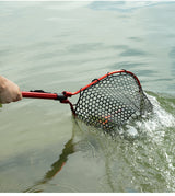 Red High Strength Large Landing Net - Fishing Net with Foldable Handle and Soft Rubber Netting, Dip Net for Fishing, Ideal for Boat, Pier, River Angling - Front View