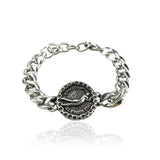 Silver Style 5 Men's Stainless Steel Curb Chain Bracelet - Retro Punk Hip Hop Style with Round Medallion Charm - Durable 26cm Streetwear Jewellery