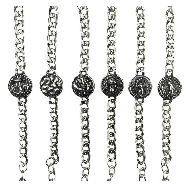 Silver Style 6 Men's Stainless Steel Curb Chain Bracelet - Retro Punk Hip Hop Style with Round Medallion Charm - Durable 26cm Streetwear Jewellery