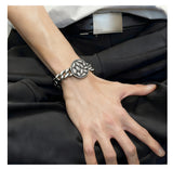 Silver Style 6 Men's Stainless Steel Curb Chain Bracelet - Retro Punk Hip Hop Style with Round Medallion Charm - Durable 26cm Streetwear Jewellery
