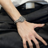 Silver Style 8 Men's Stainless Steel Curb Chain Bracelet - Retro Punk Hip Hop Style with Round Medallion Charm - Durable 26cm Streetwear Jewellery
