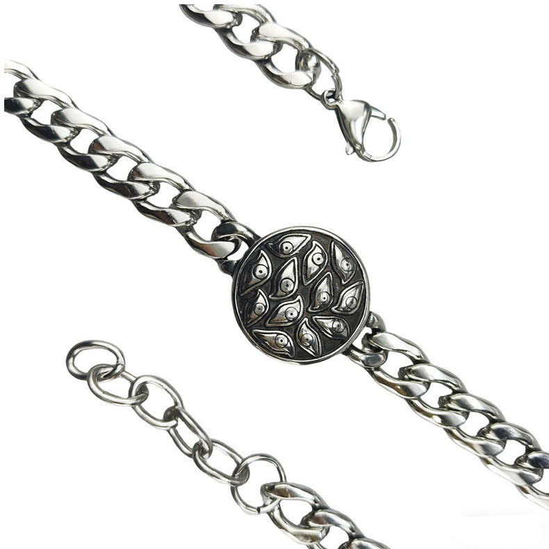 Silver Style 8 Men's Stainless Steel Curb Chain Bracelet - Retro Punk Hip Hop Style with Round Medallion Charm - Durable 26cm Streetwear Jewellery
