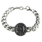 Silver Style 10 Men's Stainless Steel Curb Chain Bracelet - Retro Punk Hip Hop Style with Round Medallion Charm - Durable 26cm Streetwear Jewellery