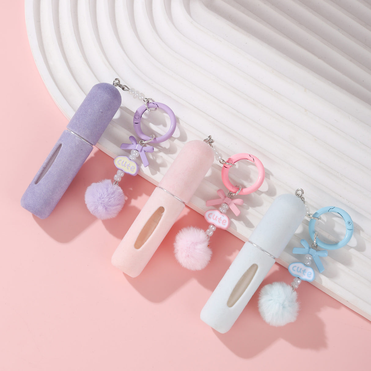 Purple 3 Pack Plush Perfume Atomiser Keychain - 5ml Portable Refillable Spray Bottle with Pom Pom Bag Charm