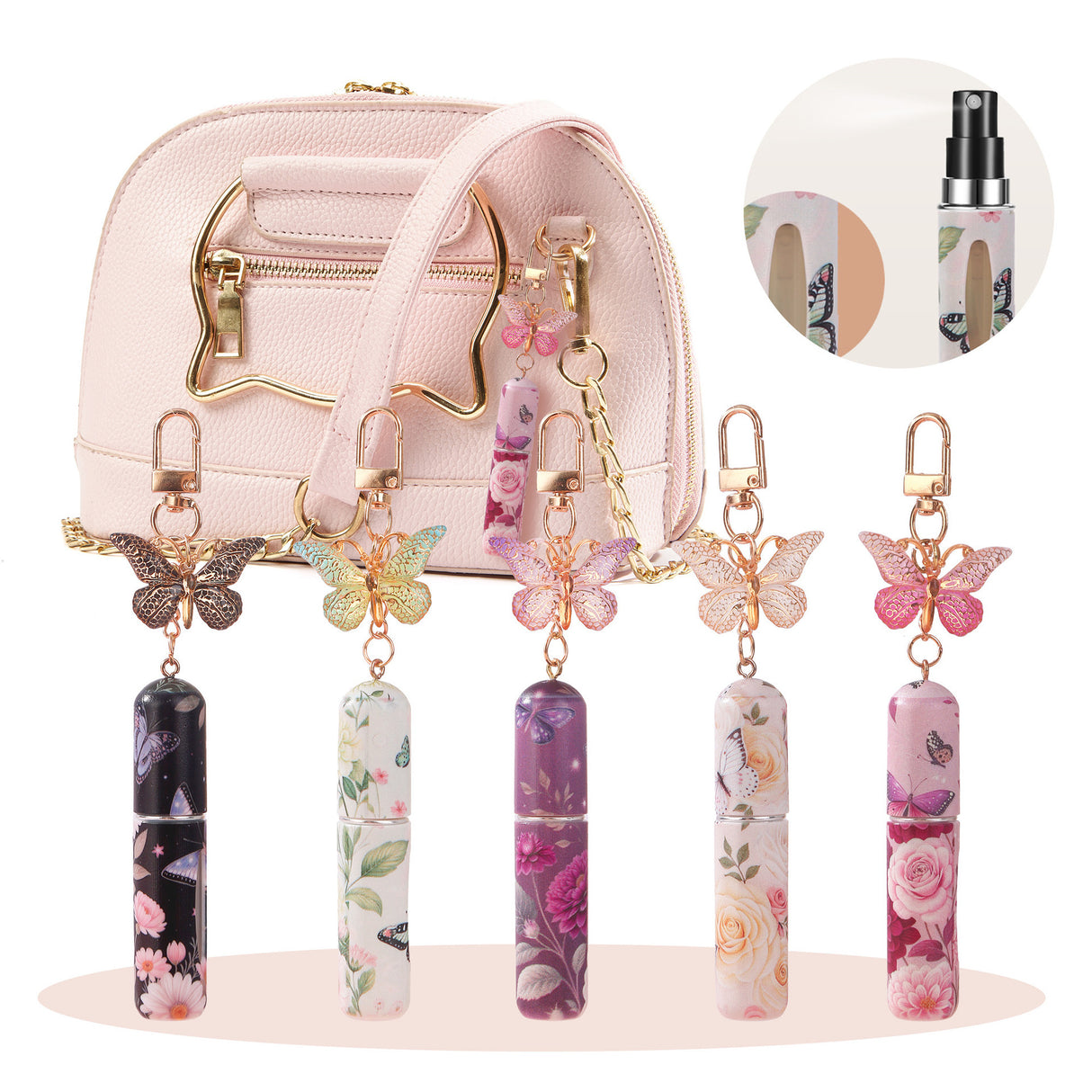 Light Yellow 3 Pcs Portable 5ml Perfume Atomiser Keychain - Refillable Floral Spray Bottle with Butterfly Charm for Travel & Handbag