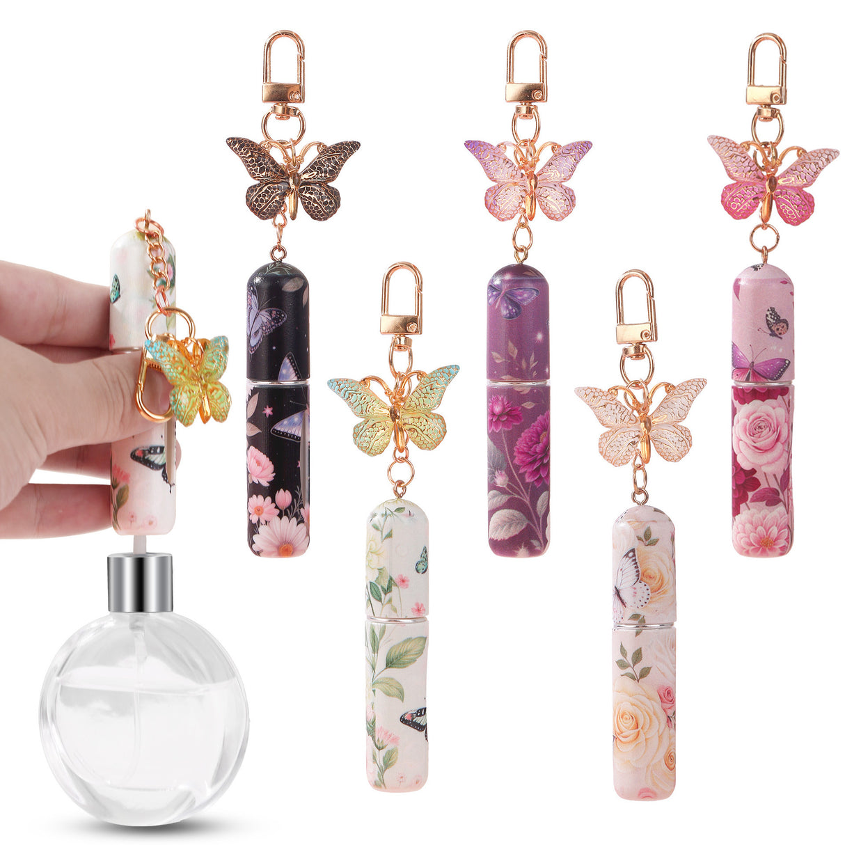 Random Color 3 Pcs Portable 5ml Perfume Atomiser Keychain - Refillable Floral Spray Bottle with Butterfly Charm for Travel & Handbag