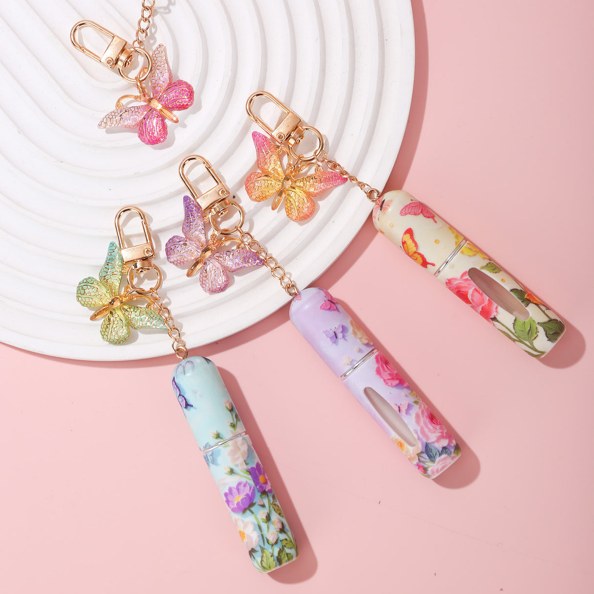 Random Color 3 Pcs Portable 5ml Perfume Atomiser Keychain - Refillable Floral Spray Bottle with Butterfly Charm for Travel & Handbag