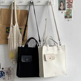 White Unisex Canvas Tote Bag - Structured Vertical Shoulder Satchel with Front Pocket - Lightweight Crossbody for Work, Uni & Daily Commute