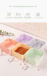 2 Pcs Yellow Portable 500ml Collapsible Square Pet Bowl - Silicone Travel Feeder with Carabiner Clip for Dogs & Cats - Lightweight for Camping & Hiking - Side View