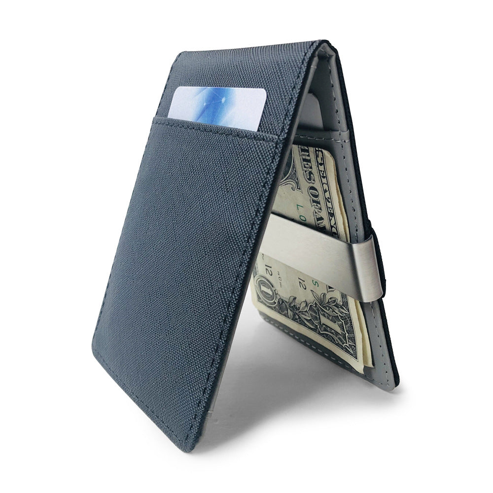 Black Men's Slim Bifold Money Clip Wallet - Saffiano Texture PU Leather with Stainless Steel Cash Clamp - Minimalist Front Pocket Card Holder