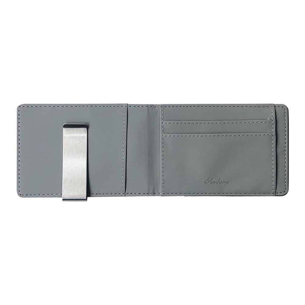 Grey Men's Slim Bifold Money Clip Wallet - Saffiano Texture PU Leather with Stainless Steel Cash Clamp - Minimalist Front Pocket Card Holder