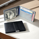 Grey Men's Slim Bifold Money Clip Wallet - Saffiano Texture PU Leather with Stainless Steel Cash Clamp - Minimalist Front Pocket Card Holder - Front View