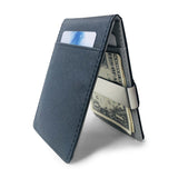 Grey Men's Slim Bifold Money Clip Wallet - Saffiano Texture PU Leather with Stainless Steel Cash Clamp - Minimalist Front Pocket Card Holder