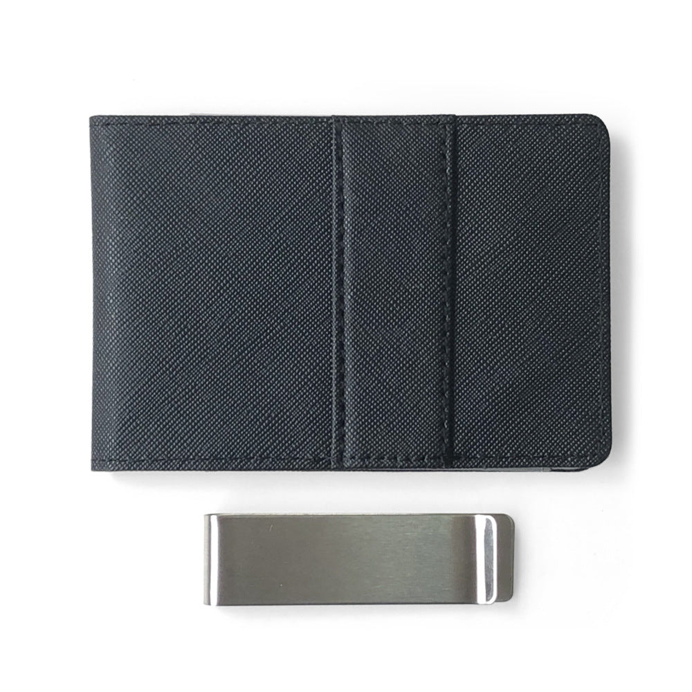 Grey Men's Slim Bifold Money Clip Wallet - Saffiano Texture PU Leather with Stainless Steel Cash Clamp - Minimalist Front Pocket Card Holder