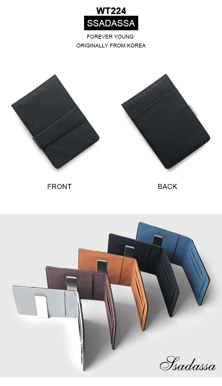 Grey Men's Slim Bifold Money Clip Wallet - Saffiano Texture PU Leather with Stainless Steel Cash Clamp - Minimalist Front Pocket Card Holder