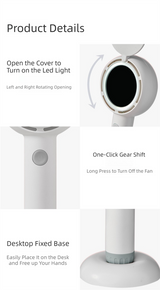 White 2-in-1 Handheld Fan with LED Makeup Mirror - Portable USB Rechargeable Beauty Light Fan with Desktop Base - 3 Speed Quiet Airflow for Travel & Summer - 45-Degree Angle