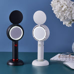 Black 2-in-1 Handheld Fan with LED Makeup Mirror - Portable USB Rechargeable Beauty Light Fan with Desktop Base - 3 Speed Quiet Airflow for Travel & Summer