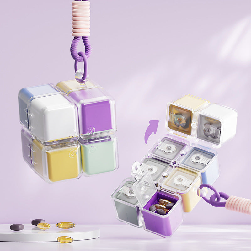 White Portable Magnetic Cube Pill Organiser - 8 Compartment Weekly Medicine Travel Case with Lanyard - Detachable Washable PP+PC Storage