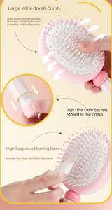 Pink 3-Piece Aesthetic Hair Brush Set - Detangling Air Cushion & Volumising Roller Comb with Hidden Cleaning Claw - Scalp Massage Styling Kit - 45-Degree Angle