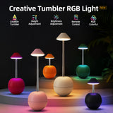 Orange Creative Tumbler LED Night Light - Rechargeable RGB Desk Lamp with Remote Control - Height Adjustable, Brightness Adjustable, Bedside Ambient Light