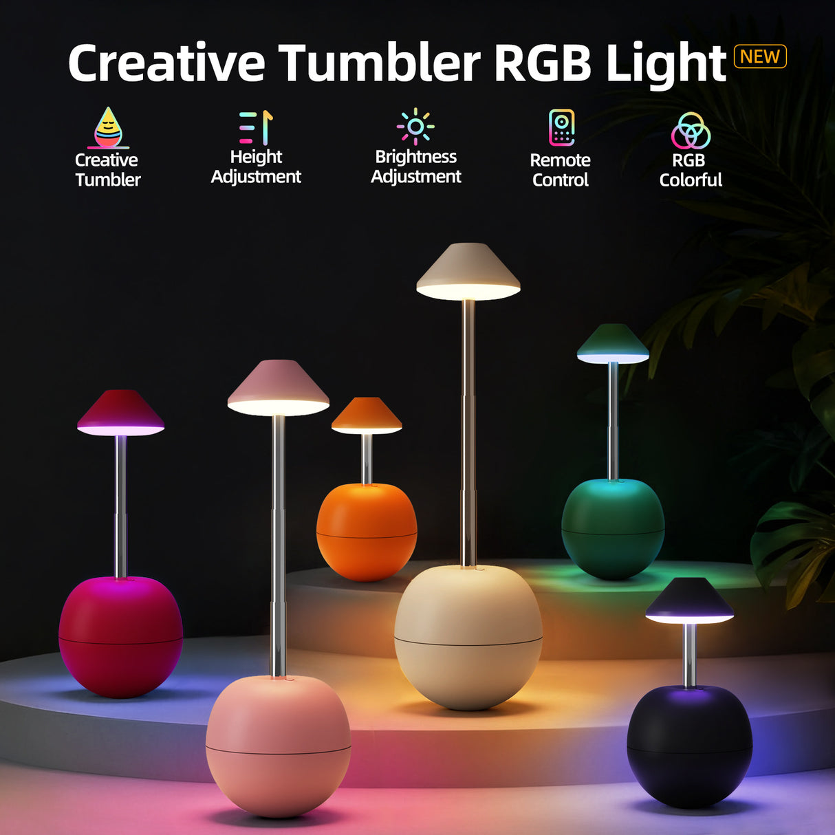 Pink Creative Tumbler LED Night Light - Rechargeable RGB Desk Lamp with Remote Control - Height Adjustable, Brightness Adjustable, Bedside Ambient Light