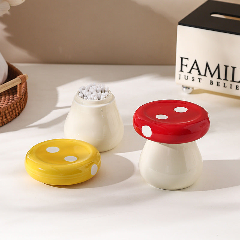 Red Stylish Mushroom Ceramic Toothpick Holder and Cotton Swab Jar for Home Kitchen Table Decor(Excluding cotton swabs, dental floss, etc.)