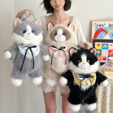 Black Adorable Plush Cat Backpack - Soft Furry Doll Bag with Zipper Compartment for Girls and Women - Front View