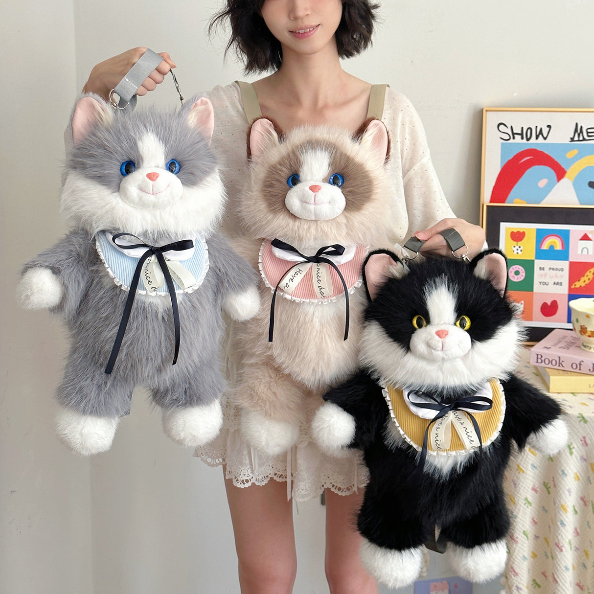 Brown Adorable Plush Cat Backpack - Soft Furry Doll Bag with Zipper Compartment for Girls and Women