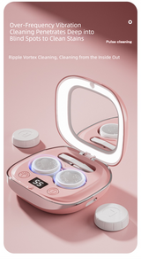 Pink Portable Sonic Wave Contact Lens Cleaner with LED Makeup Mirror - Automatic Electric Lens Cleaning Case for Daily Use - Front View