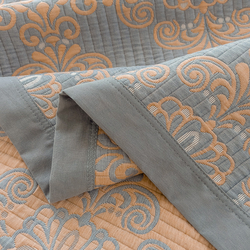 Grey and Orange Cotton Three-Layer Gauze Bed Cover Set - Reversible Vintage Printed Blanket with Two Pillowcases for Year-Round Use(200*230cm)