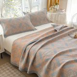 Grey and Green Cotton Three-Layer Gauze Bed Cover Set - Reversible Vintage Printed Blanket with Two Pillowcases for Year-Round Use(150*200cm) - Top-Down View