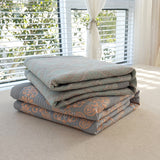 Grey and Green Cotton Three-Layer Gauze Bed Cover Set - Reversible Vintage Printed Blanket with Two Pillowcases for Year-Round Use(200*230cm) - Front View