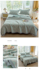 Grey and Green Cotton Three-Layer Gauze Bed Cover Set - Reversible Vintage Printed Blanket with Two Pillowcases for Year-Round Use(200*230cm) - Side View