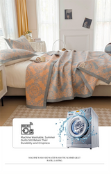 Grey and Green Cotton Three-Layer Gauze Bed Cover Set - Reversible Vintage Printed Blanket with Two Pillowcases for Year-Round Use(200*230cm)