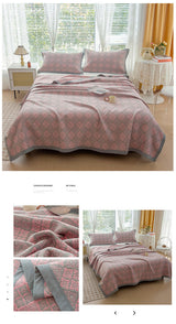 Grey and Pink Cotton Three-Layer Gauze Bed Cover Set - Reversible Vintage Printed Blanket with Two Pillowcases for Year-Round Use(150*200cm) - Side View
