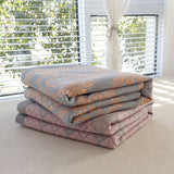 Grey and Pink Cotton Three-Layer Gauze Bed Cover Set - Reversible Vintage Printed Blanket with Two Pillowcases for Year-Round Use(200*230cm) - Front View