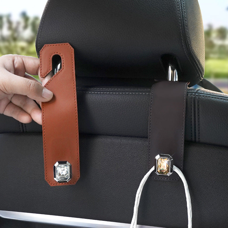 Grey Car Multi-Functional PU Leather Hook with Crystal Decoration – Hidden Storage Hook for Front and Rear Seats (Set of 2)