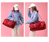 Red Large Capacity Travel Duffel Bag – Wet & Dry Separation, Shoe Compartment, and Luggage Sleeve for Gym, Yoga, and Short Trips - Side View