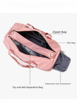 Red Large Capacity Travel Duffel Bag – Wet & Dry Separation, Shoe Compartment, and Luggage Sleeve for Gym, Yoga, and Short Trips - Top-Down View