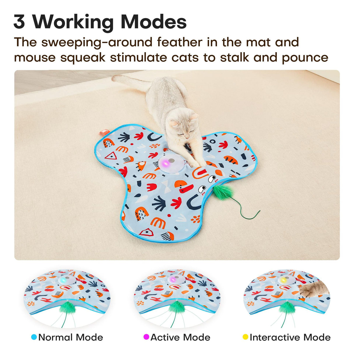 Dark Blue Interactive Cat Toys Rechargeable,Moving Concealed Feathers,Real Mouse Squeaky,Touch Activated Cat Kitten Toy Exercise Toys for Indoor Bored Adult Cats