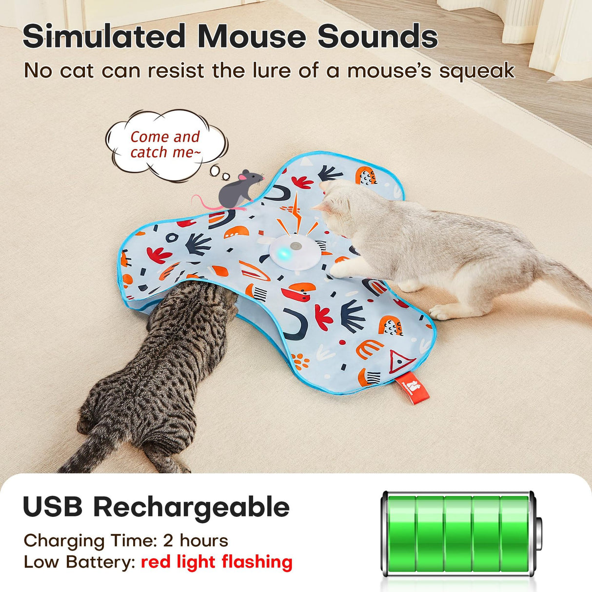 Dark Blue Interactive Cat Toys Rechargeable,Moving Concealed Feathers,Real Mouse Squeaky,Touch Activated Cat Kitten Toy Exercise Toys for Indoor Bored Adult Cats