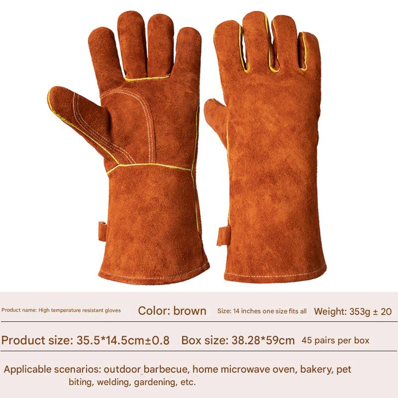 Heavy-Duty Leather Heat Resistant Gloves - 500°C BBQ, Welding & Oven Mitts with Long Cuffs(brown)